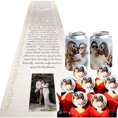 Wedding Bundle - Custom Aisle Runner - Cupcake Toppers - Photo Can Coolers