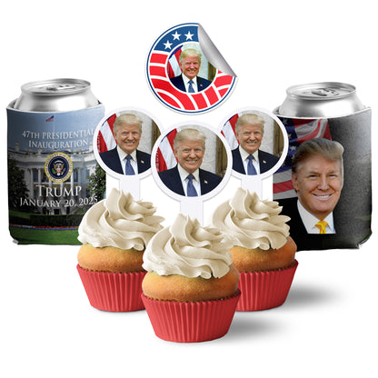 Trump Inauguration Party Pack - Can Coolers, Cupcake Toppers & Lapel Stickers Set, Perfect January 20th, 2025