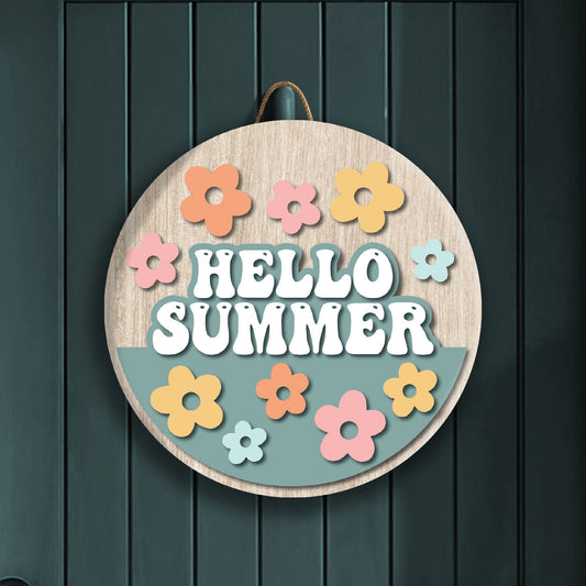 Hello Summer Front Door Decor – 15.75" Round Hanging Sign | UV - Printed, Durable Fiberboard