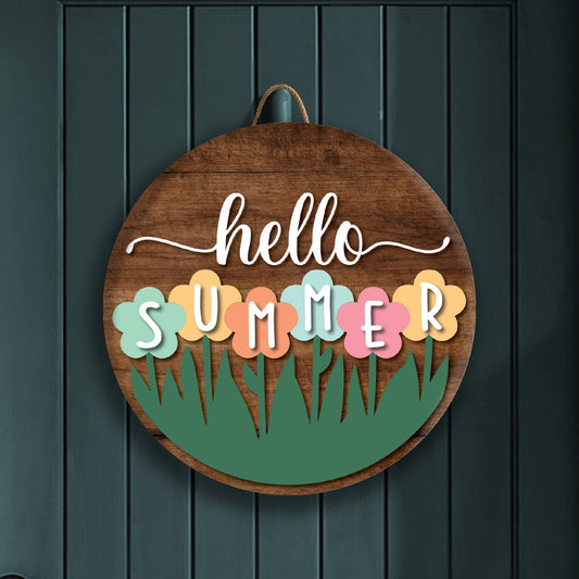 Hello Summer Front Door Decor – 15.75" Round Hanging Sign | Vibrant Floral Design, UV - Printed