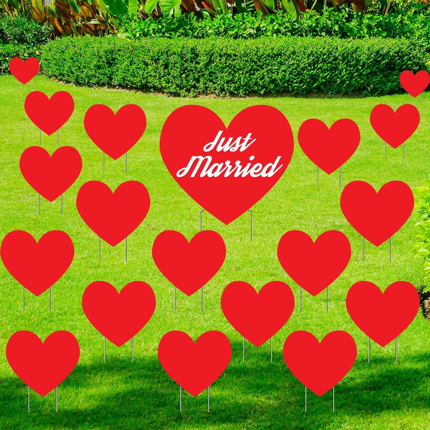 Just Married Red Heart Yard Decoration – 19 Pc Set for Wedding Celebrations