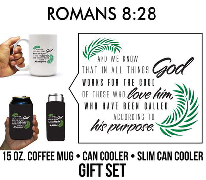 Romans 8:28 Religious Coffee Mug & Can Cooler Gift Pack