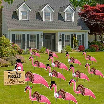 Thanksgiving Yard Greeting 'You've Been Flocked' Flamingoes - FREE SHIPPING