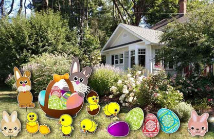 Easter Yard Decoration - Basket with Eggs, Chicks, Bunnies (15 short Stakes)