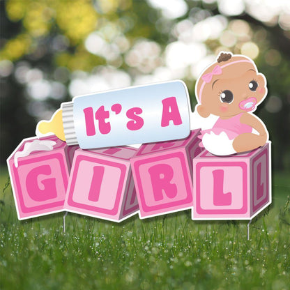 It's a Girl! Die Cut Baby Blocks, Baby Announcement Yard Sign (Dark Skin Tone) - FREE SHIPPING