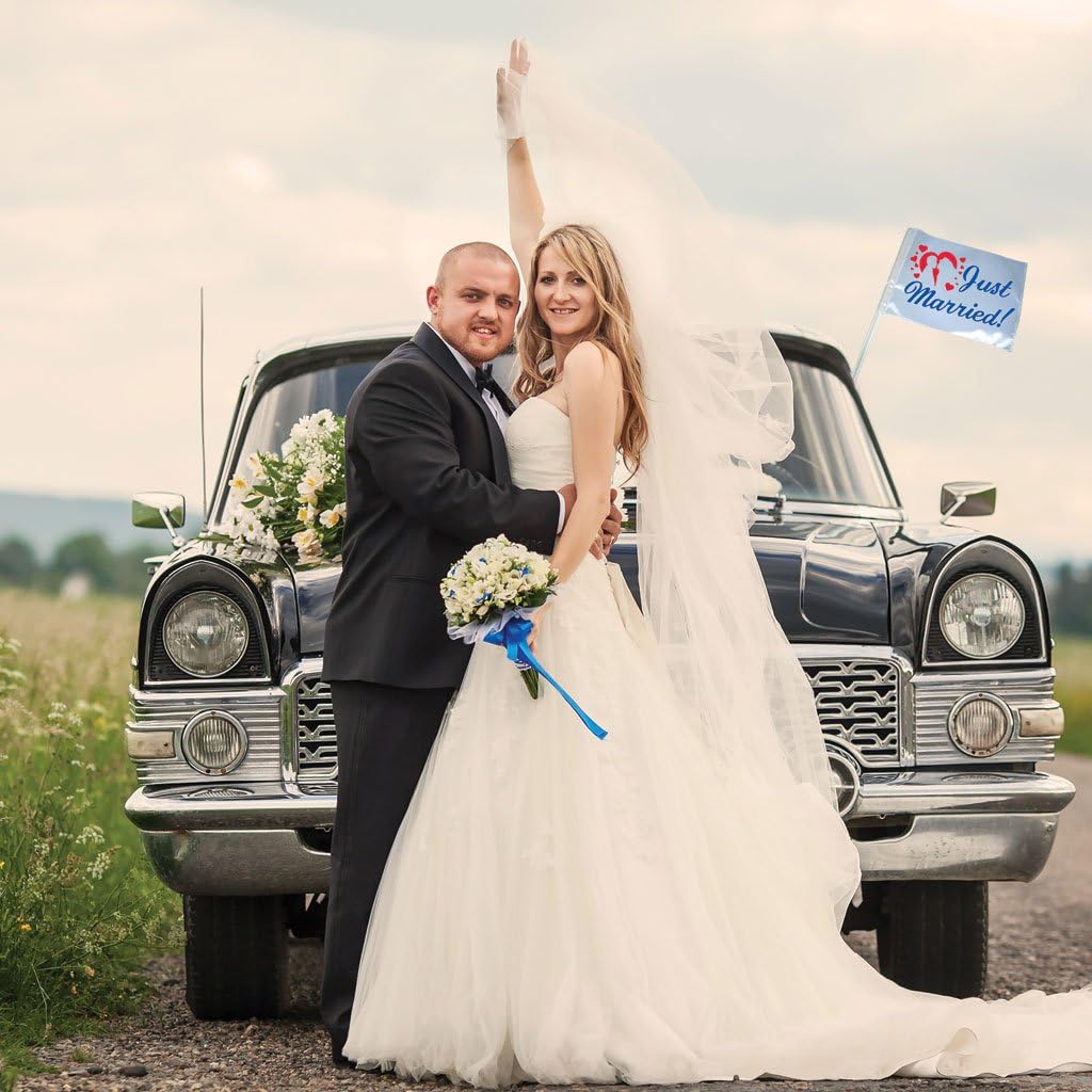 Just Married Car Flags | Red and Blue | Set of 2