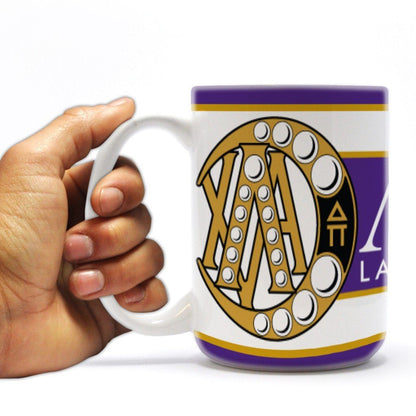 Lambda Chi Alpha 15oz Coffee Mug “ Badge with Purple Stripes Design